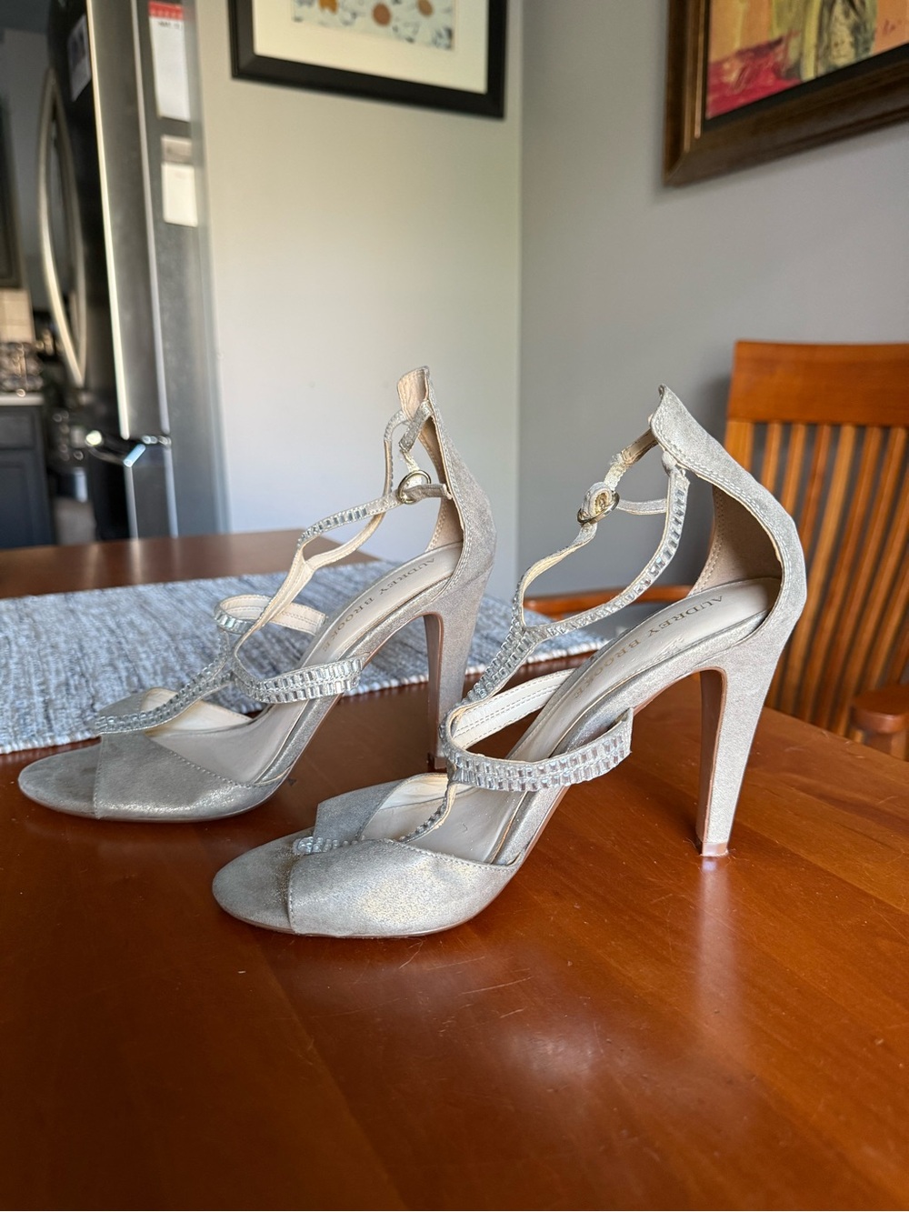 Audrey Brooke Metallic Champagne Strappy Rhinestone Heels